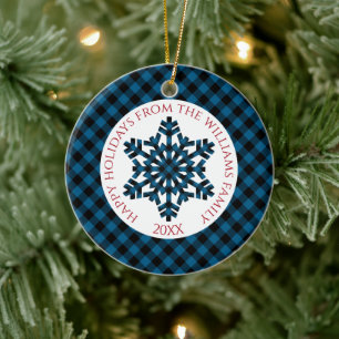 Rustikale Klassik Blauer Tartan Karo Schneeflocken Keramik Ornament