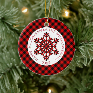 Rustikale Klassik Roter Tartan Karo Schneeflocken Keramik Ornament