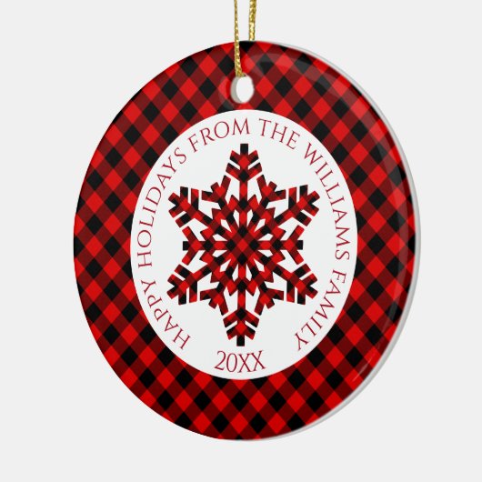 Rustikale Klassik Roter Tartan Karo Schneeflocken Keramik Ornament (Links)