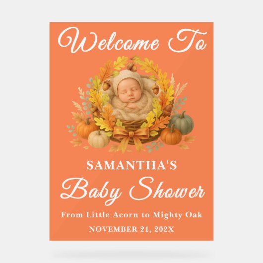 Rustikale Kleine Acorn Fall Babydusche Willkommen Acrylschild (Vorderseite)