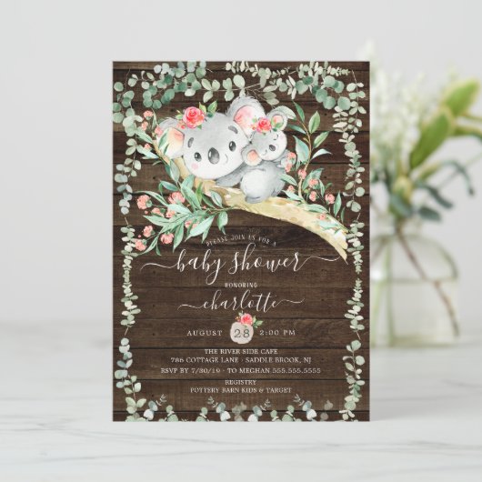 Rustikale Koala Bear Girls Kinderdusche Einladung (Stehend Vorderseite)