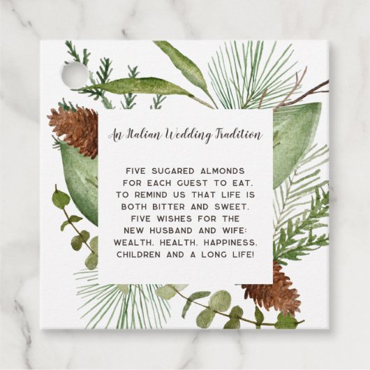 Rustikale Koniferzweige Kiefernzapfen Hochzeit Geschenkanhänger (Vorderseite)