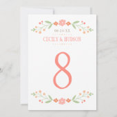 Rustikale Korallenblütenhochzeit-Tischnummer Einladung (Rückseite)