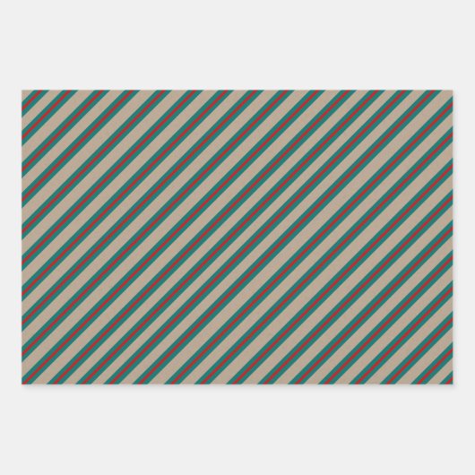 Rustikale Kraft Aquamarin-grüner Roter Streifen Ur Geschenkpapier Set (Vorderseite 3)