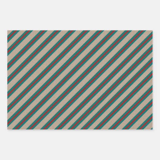 Rustikale Kraft Aquamarin-grüner Roter Streifen Ur Geschenkpapier Set (Vorderseite 2)