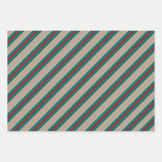 Rustikale Kraft Aquamarin-grüner Roter Streifen Ur Geschenkpapier Set (Vorderseite)
