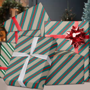 Rustikale Kraft Aquamarin-grüner Roter Streifen Ur Geschenkpapier Set