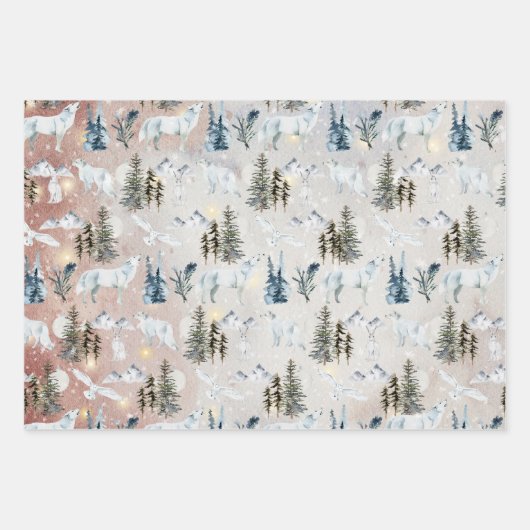 Rustikale Kraft Arctic Hare Wolf Fox Snowy Owl Geschenkpapier Set (Vorderseite 3)