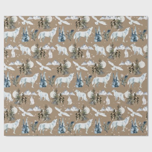 Rustikale Kraft Arctic Hare Wolf Fox Snowy Wrappi Geschenkpapier (Flach)