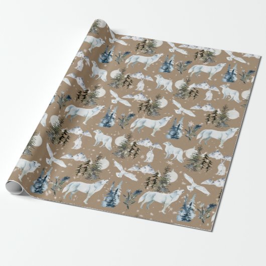 Rustikale Kraft Arctic Hare Wolf Fox Snowy Wrappi Geschenkpapier (Ungerollt)