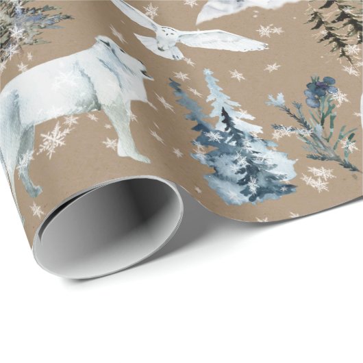 Rustikale Kraft Arctic Hare Wolf Fox Snowy Wrappi Geschenkpapier (Rolleneckpunkt)