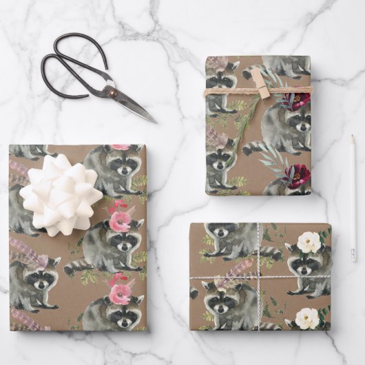 Rustikale Kraft-Baby-Racoons für ein Party Geschenkpapier Set (Vorderseite)
