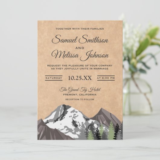 Rustikale Kraft-Bergwald Einladung zur Hochzeit (Stehend Vorderseite)