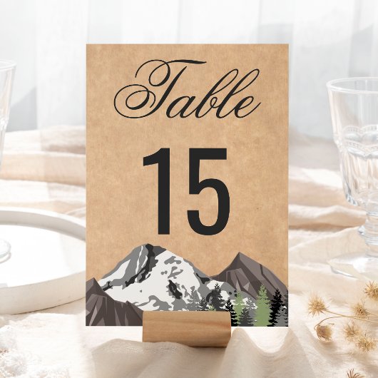 Rustikale Kraft-Bergwald-Hochzeit Tischnummer