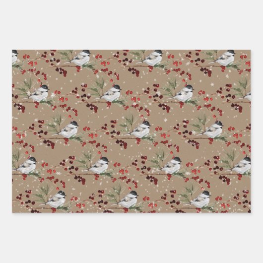 Rustikale Kraft Black Cap Chickadee Birds & Berrie Geschenkpapier Set (Vorderseite)