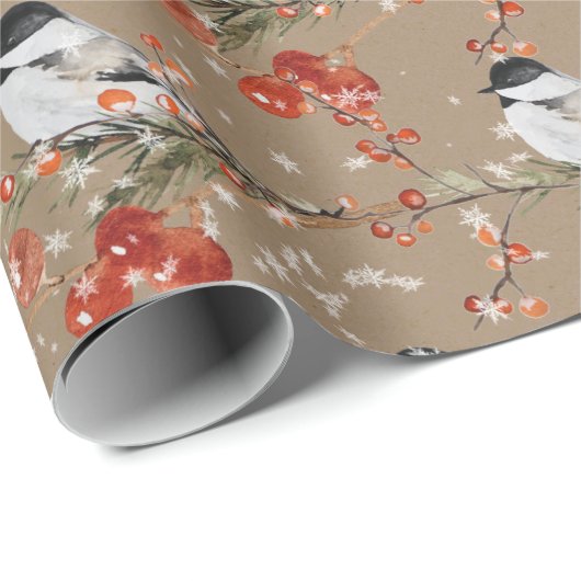 Rustikale Kraft Black Cap Chickadees Red Ilex Berr Geschenkpapier (Rolleneckpunkt)