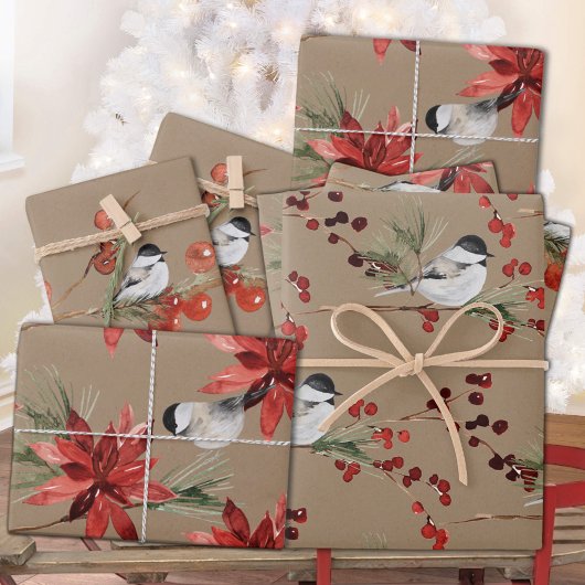 Rustikale Kraft Black Cap Chickadevögel & Berries Geschenkpapier Set