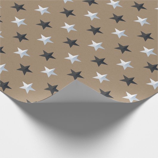 Rustikale Kraft Black Silver Stars Geschenkpapier (Ecke)