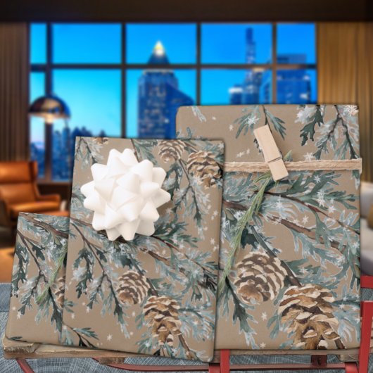 Rustikale Kraft Blue Juniper Tree Branchen und Con Geschenkpapier Set