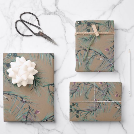 Rustikale Kraft Blue Spruce Needles & Berries Geschenkpapier Set (Vorderseite)