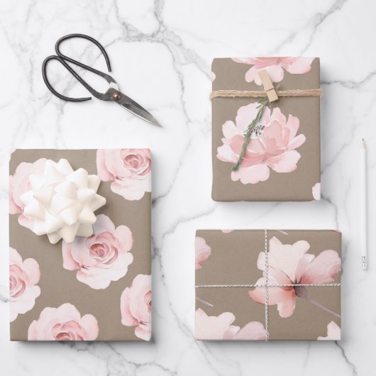 Rustikale Kraft Blush Peach Peony Blume Bläschen Geschenkpapier Set (Vorderseite)