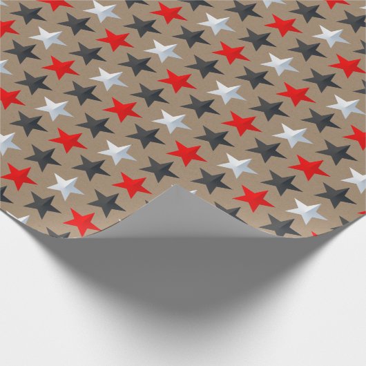Rustikale Kraft Bright Black Red Silver Stars Geschenkpapier (Ecke)