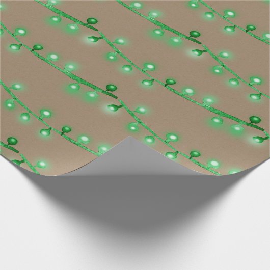 Rustikale Kraft Bright Green Christmas String Ligh Geschenkpapier (Ecke)