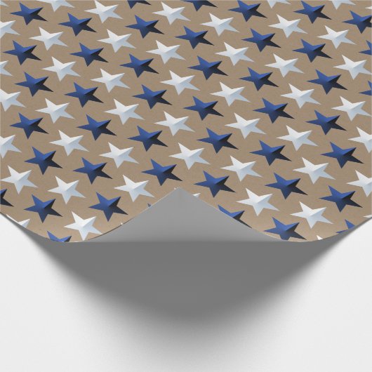 Rustikale Kraft Bright Navy Blue Silver Stars Geschenkpapier (Ecke)