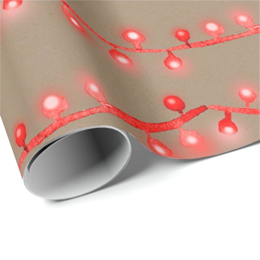 Rustikale Kraft Bright Red Christmas String Lights Geschenkpapier (Rolleneckpunkt)