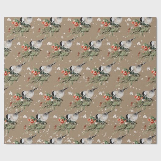 Rustikale Kraft Chickadee Spruce Sprigs Red Berrie Geschenkpapier (Flach)