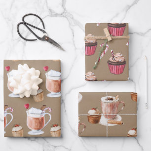 Rustikale Kraft Cupcakes Kakao und Lattes Geschenkpapier Set