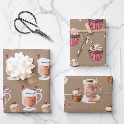 Rustikale Kraft Cupcakes Kakao und Lattes Geschenkpapier Set (Vorderseite)