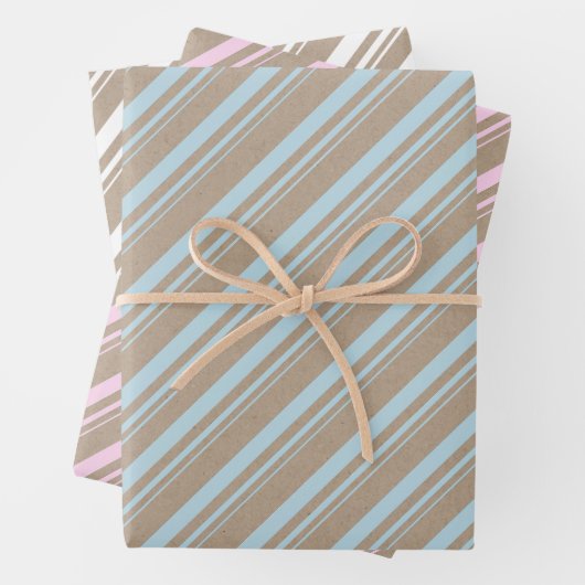 Rustikale Kraft Dusty Blue Pink White Candy Stripe Geschenkpapier Set (Beispiel)