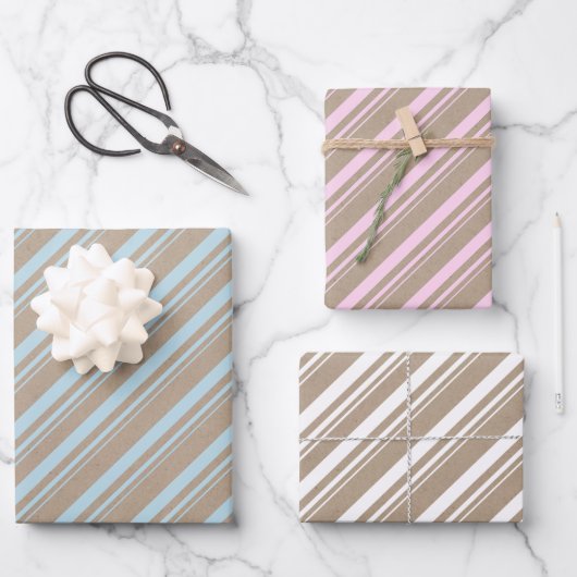 Rustikale Kraft Dusty Blue Pink White Candy Stripe Geschenkpapier Set (Vorderseite)
