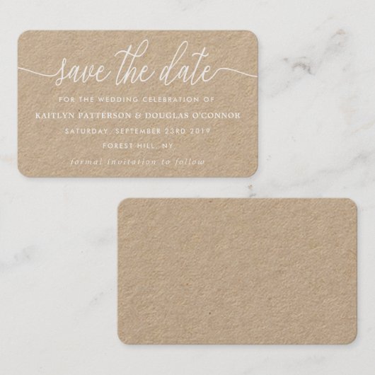 Rustikale Kraft Einfache Schrift Save the Date Visitenkarte (Vorne/Hinten)