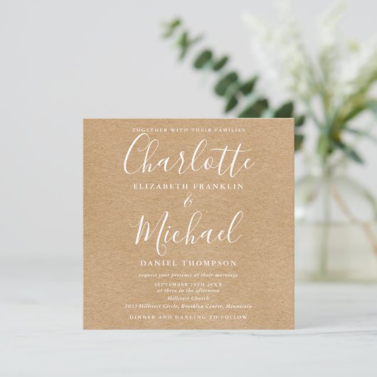 Rustikale Kraft Elegant Script in einer Hochzeit Einladung (Stehend Vorderseite)