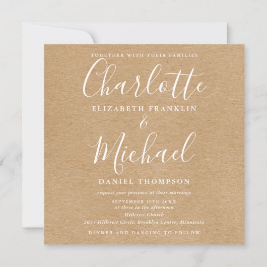 Rustikale Kraft Elegant Script in einer Hochzeit Einladung (Vorderseite)