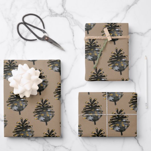 Rustikale Kraft Elegante Black Gold Pine Cones Geschenkpapier Set (Vorderseite)