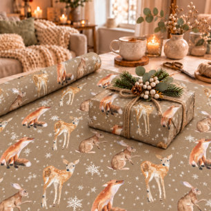Rustikale Kraft Elegante Wintertiere Schneeflocken Geschenkpapier