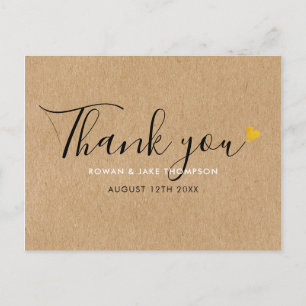 Rustikale Kraft Elegantes Skript Gold Herz Danke Postkarte