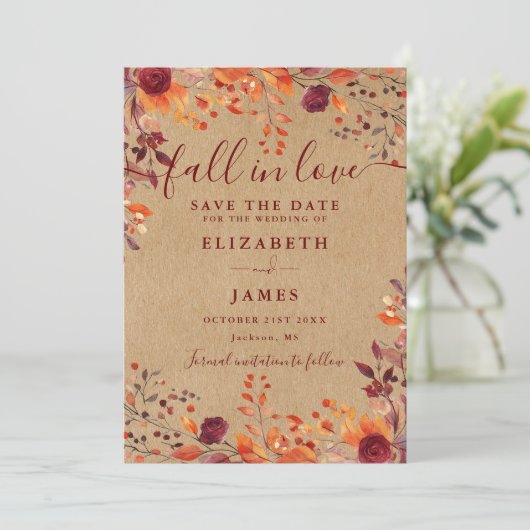 Rustikale Kraft Fall Autumnal Floral Wedding Save The Date (Stehend Vorderseite)