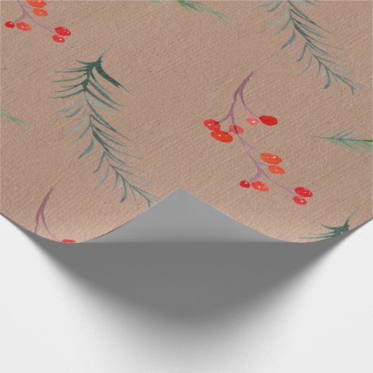 Rustikale Kraft-Farbe Winter Spruce & Berries Geschenkpapier (Ecke)