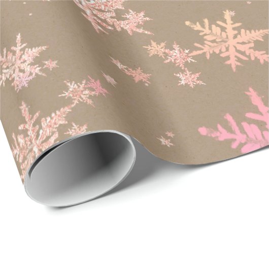 Rustikale Kraft Gelb Rosa Gold Schneeflocken Geschenkpapier (Rolleneckpunkt)