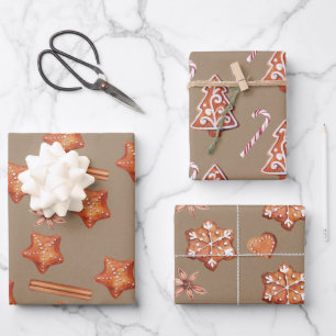 Rustikale Kraft Gingerbread Stars Schneeflocken B Geschenkpapier Set