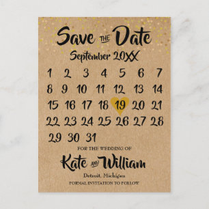 Rustikale Kraft Gold Herz Kalender Datum speichern Ankündigungspostkarte