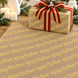 Rustikale Kraft Gold-Kalligrafie Frohe Weihnachten Geschenkpapier