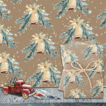 Rustikale Kraft Golden Christmas Bells klingeln Geschenkpapier Set<br><div class="desc">Eine rustikale Kraft-farbige Urlaubspackung mit Aquarellfarben goldfarbenen Urlaubsklobeln mit Farbband und blauen Fichtenbäumen in einem Wiederholmuster von drei verschiedenen Größen.</div>