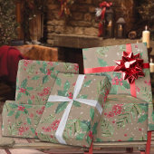 Rustikale Kraft Grüne Holly Berries & Spruce Branc Geschenkpapier