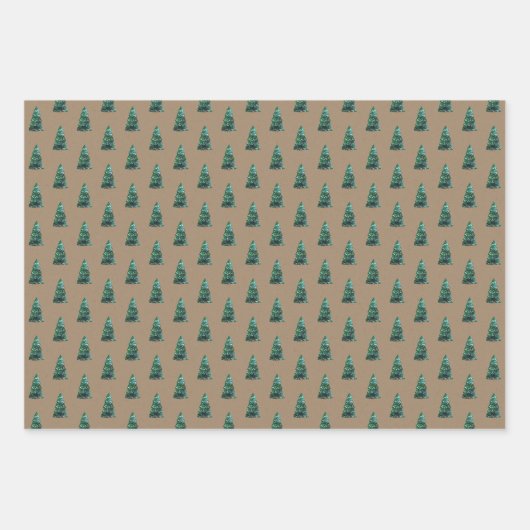 Rustikale Kraft Grüne Weihnachtsbäume mit Licht Geschenkpapier Set (Vorderseite 2)