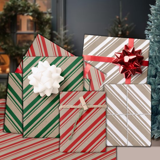 Rustikale Kraft-Grüne, weiße Sandstreifen Geschenkpapier Set